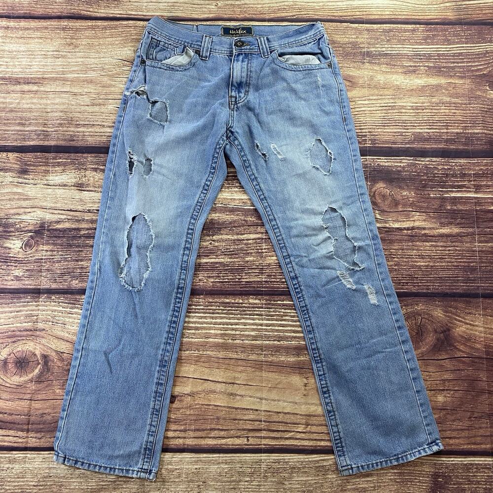 Halifax Jeans Mens 32x32 Blue Straight Leg Distressed Denim Light Wash Classic
